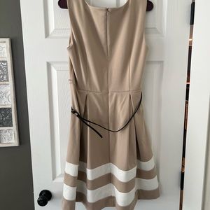 Calvin Klein midi shoulder work dress tan and white